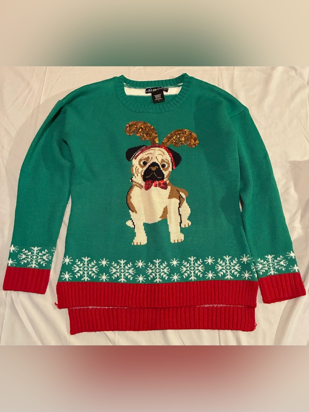 united states sweaters Green Christmas Pug Sweater with Red Trim S